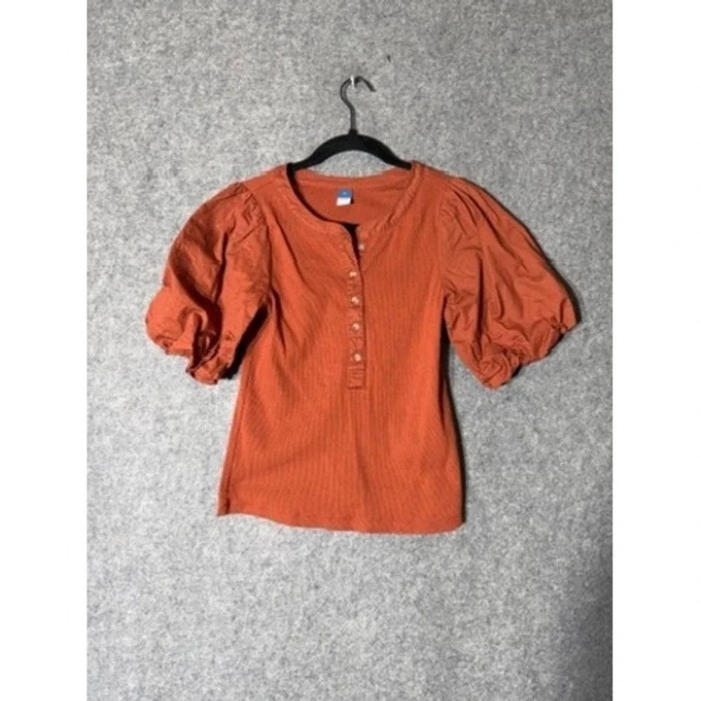 Old Navy Womens Small Rust Orange Ribbed Henley Puff Sleeve Top Boho Cottagecore